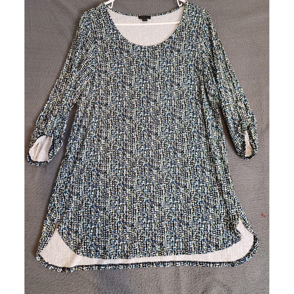 J. Jill Wearever Collection Multicolor Flared Tunic Hi Low Top Roll Tab Sleeve M